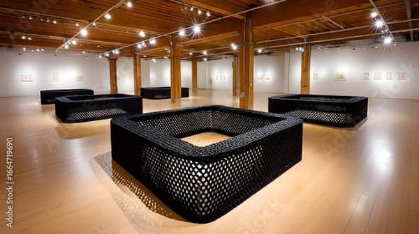 Obraz Modern art gallery showcases striking black sculptural benches bathed in warm ambient light