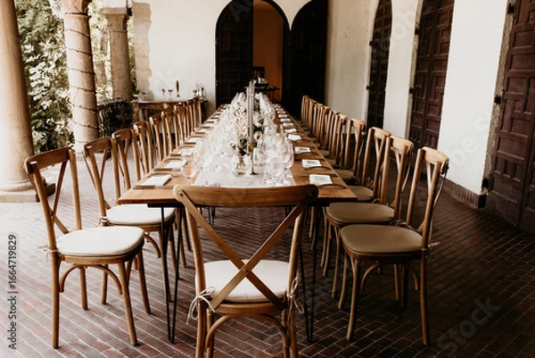 Fototapeta Elegant long wedding reception table setup with rustic chairs and floral decoration