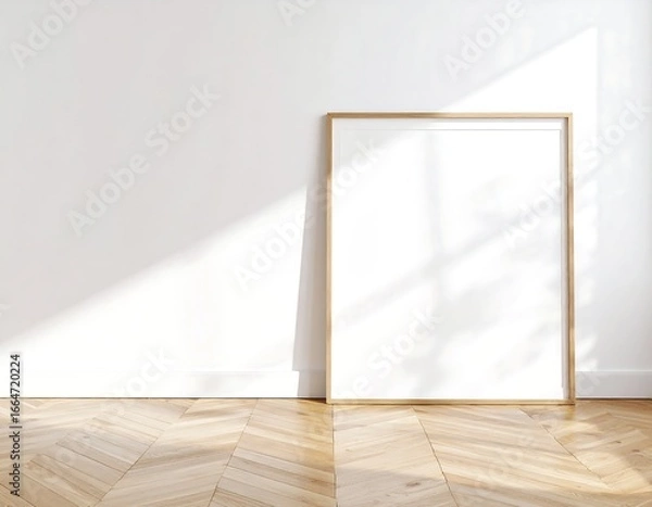Fototapeta Sunlit Empty Frame on Herringbone Wood Floor