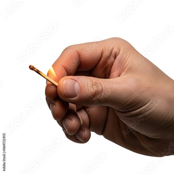 Fototapeta Hand holding a lit match isolated on white background 