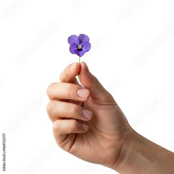 Fototapeta Hand holding a small flower isolated on white background