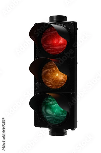 Fototapeta Vertical traffic light with illuminated red signal, yellow and green lights off, black housing, isolated on transparent background.