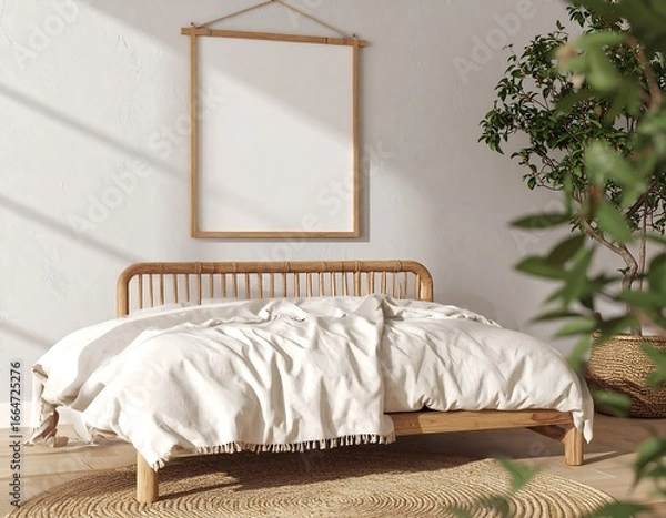 Fototapeta Sunlit Minimalist Bedroom with Rattan Bed and Blank Canvas