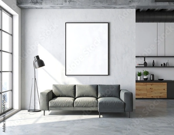 Fototapeta Modern Loft Apartment with Grey Sectional Sofa and Blank Canvas