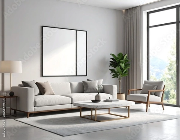 Fototapeta Modern Minimalist Living Room with Large Window and Blank Canvas