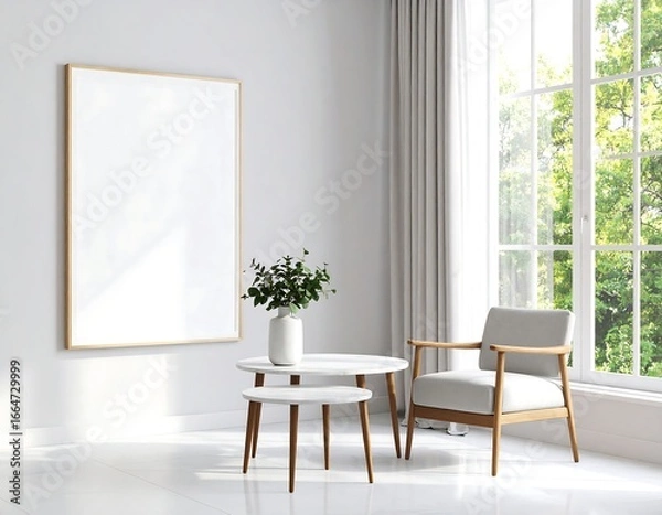 Fototapeta Minimalist Living Room with Mockup Frame, Nested Tables, and Sunlight