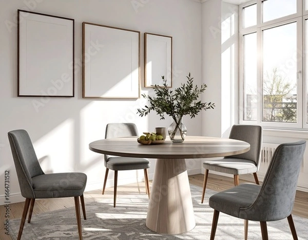 Fototapeta Sunlit Minimalist Dining Room with Round Table and Grey Chairs