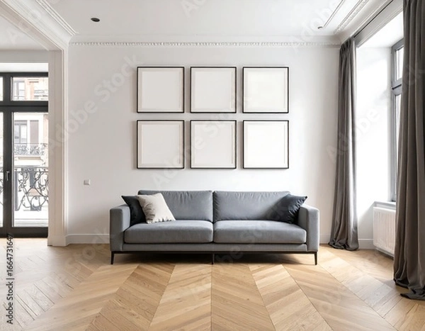 Fototapeta Modern Grey Sofa & Six Blank Frames in Herringbone Floor Apartment
