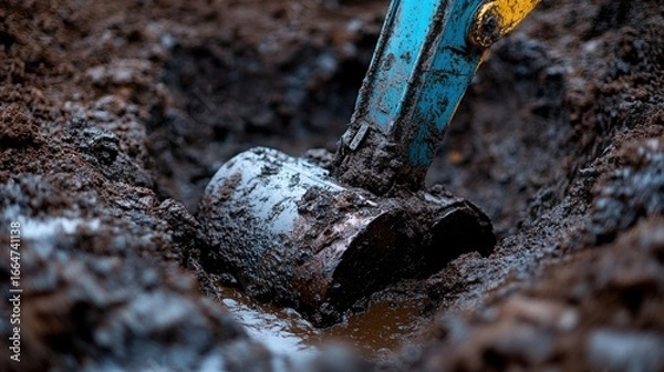 Obraz Heavy machinery digs deep into muddy soil at a construction site during overcast weather