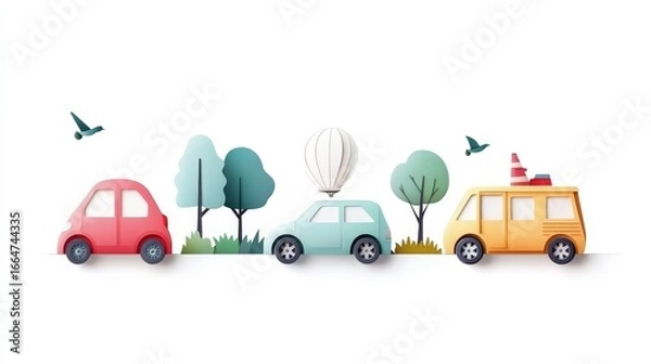 Fototapeta Colorful Car Illustrations with Nature Elements in Paper Cut Style