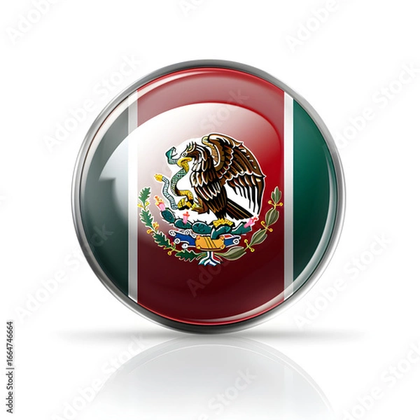 Fototapeta Ultra detailed product style photo of Mexico flag pin icon, glossy round badge with metallic rim, subtle reflection, clean vector like render, transparent background, balanced light, plain studio back