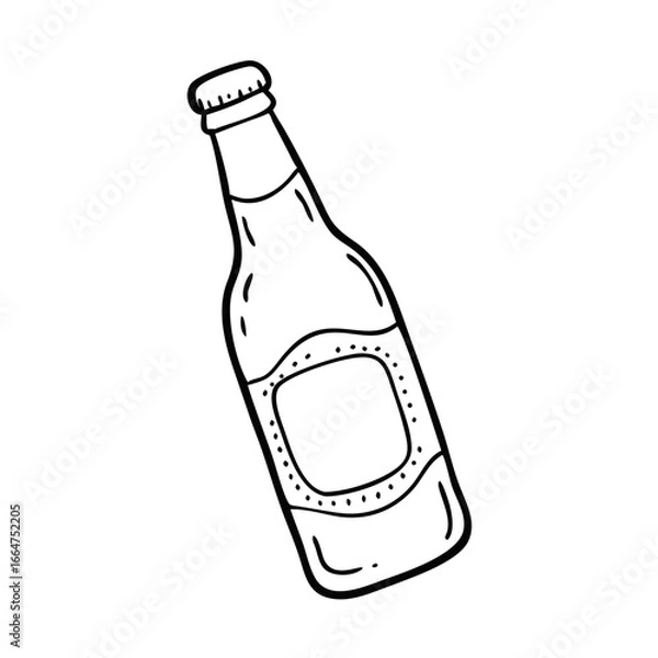 Fototapeta Outline of glass beer bottle with label. Vector hand-drawn doodle illustration