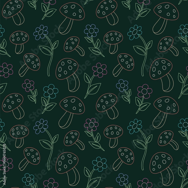 Fototapeta Seamless pattern with mushrooms and flowers