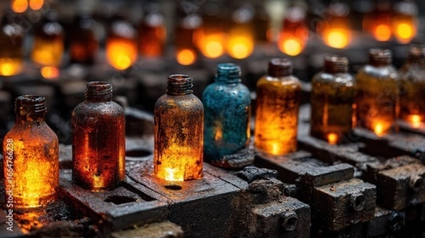 Fototapeta Colorful Glass Bottles Glowing in a Vintage Factory Setting