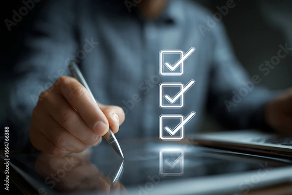 Fototapeta a man is holding a pen and placing check marks on a virtual document icon on a transparent glass screen with a computer laptop