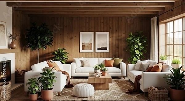 Fototapeta A cozy and inviting living room with a modern rustic design, featuring comfortable sofas, wooden accents, indoor plants, and warm lighting, creating a relaxing and stylish home interior