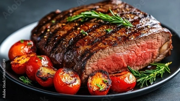 Obraz Grilled Steak with Roasted Tomatoes and Rosemary