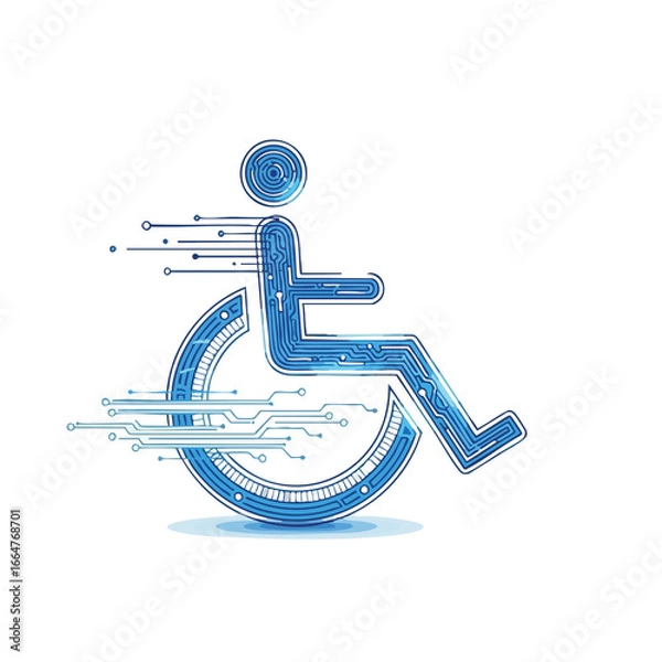 Fototapeta A digital representation of a person in a wheelchair with circuit board design on a black background