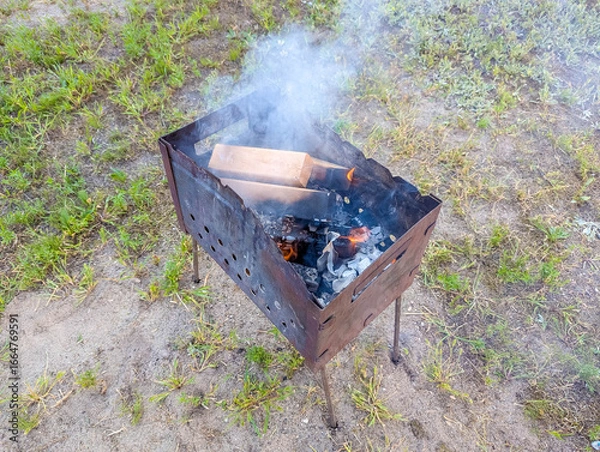 Fototapeta Portable outdoor fire pit with burning charcoal placed on ground surrounded by natural vegetation. High quality photograph