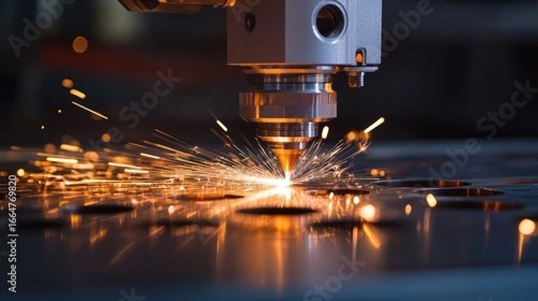 Fototapeta Advanced fiber laser cutting steel sheet, sparks flying against dark background, emphasizing innovation, machinery, and precision work