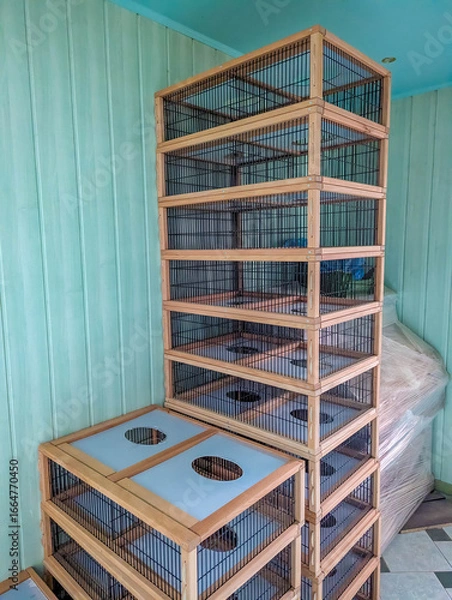 Fototapeta Professional wooden bird cage construction showcasing handcrafted aviary design with natural wood frame and wire mesh compartments. high quality photograph