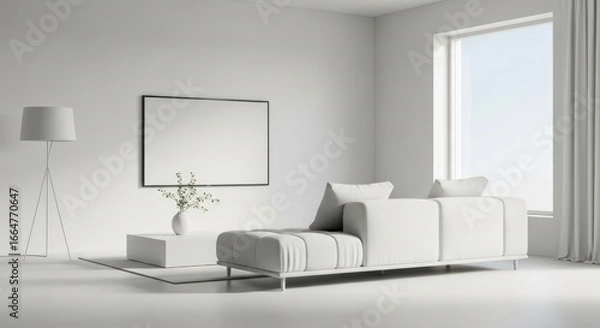 Fototapeta Minimalist all-white living room with modern sofa, floor lamp, and framed artwork