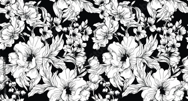 Fototapeta Black and white flowers pattern. Flowers background. Abstract elegance pattern
