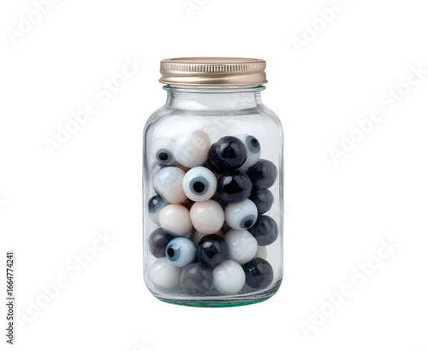 Fototapeta Jar of artificial glass eyes in various colors on transparent background, PNG