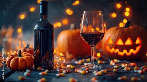Fototapeta Festive Halloween still life with wine bottle and glass, placed among candy corn, pumpkins, and glowing orange string lights