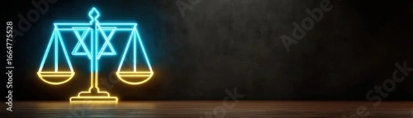 Fototapeta Digital illustration of glowing neon blue and gold digital scales designed for weighing items, showcasing a modern and vibrant aesthetic, Yom Kippur Day with AI integrated