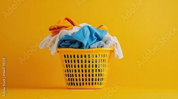 Fototapeta Modern plastic laundry basket filled with freshly washed clothes, placed on a vibrant yellow background, creating a clean and bright domestic concept
