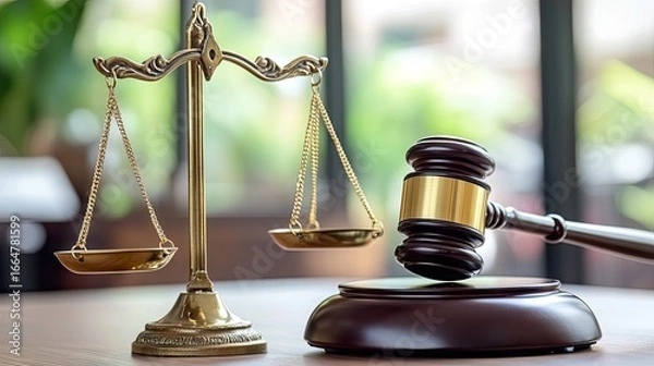 Fototapeta Symbolic photo of gavel and golden scales of justice on table, emphasizing legal authority and fairness in the justice system