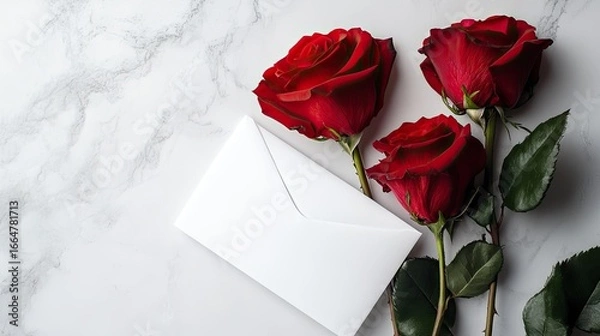 Fototapeta Three fully bloomed red roses resting on a plain white envelope, isolated on a clean background, perfect for Valentine, love, and wedding concepts