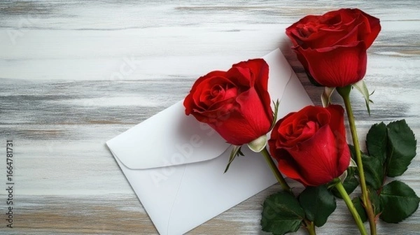 Fototapeta Three red roses arranged diagonally on a white envelope, creating a simple and elegant composition for love letters or greeting card concepts