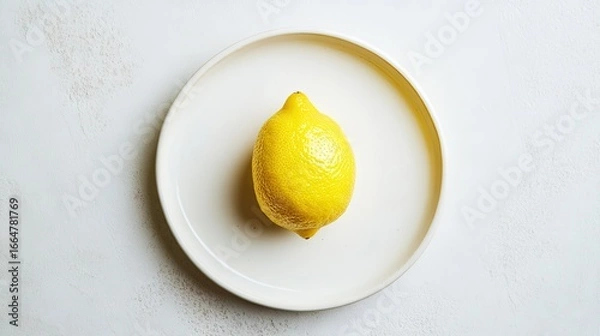 Fototapeta Top-down view of a solitary lemon on simple white ceramic plate, minimalist food photography with clean aesthetics