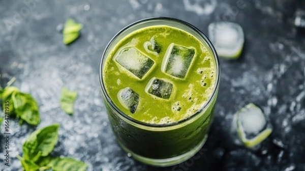 Fototapeta Top view of iced matcha latte in clear cup with ice cubes, showing layered creamy texture, representing healthy drinks and summer refreshment