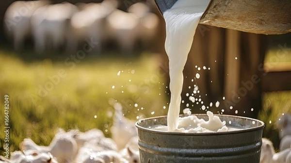 Fototapeta Traditional farm scene of goat milk pouring into bucket, emphasizing authenticity, organic farming, and fresh natural products