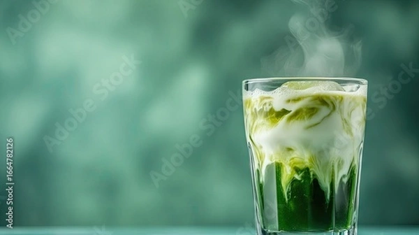 Fototapeta Transparent glass of iced matcha latte with swirling milk, set on clean background, perfect for modern food and drink photography