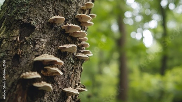 Fototapeta Tree trunk with small fungi colonies emerging from bark, symbolizing growth, forest resilience, and woodland ecology