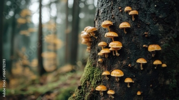 Fototapeta Tree trunk with small fungi colonies emerging from bark, symbolizing growth, forest resilience, and woodland ecology
