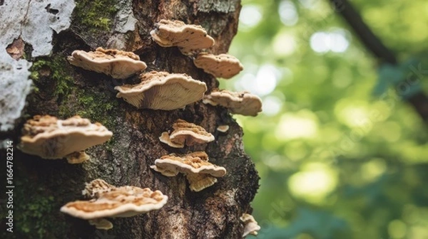 Fototapeta Tree trunk with small fungi colonies emerging from bark, symbolizing growth, forest resilience, and woodland ecology