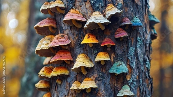Fototapeta Tree with colorful fungi sprouting along bark, representing natural growth, ecology, and woodland diversity