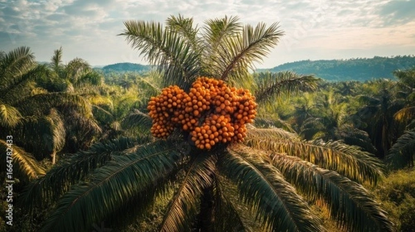 Fototapeta Tropical palm oil trees with ripe orange fruits clustered at the top, ready for harvest, symbolizing agriculture, industry, and natural resources