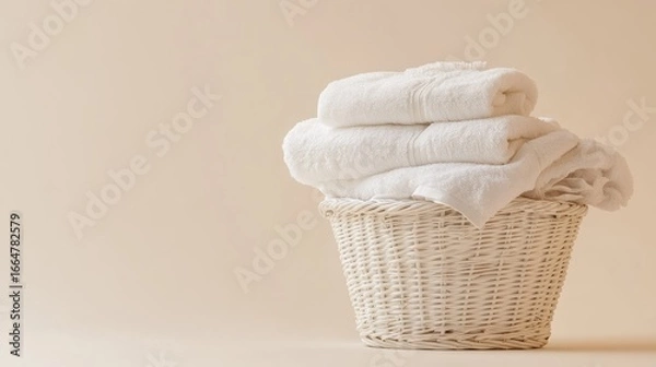 Fototapeta White laundry basket stacked with clean towels and clothes, placed on a light beige background, representing freshness, hygiene, and domestic lifestyle