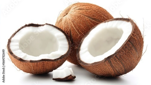 Fototapeta Whole coconut beside a half-opened one, isolated on a white background, representing natural food, healthy diet, and tropical fruit photography