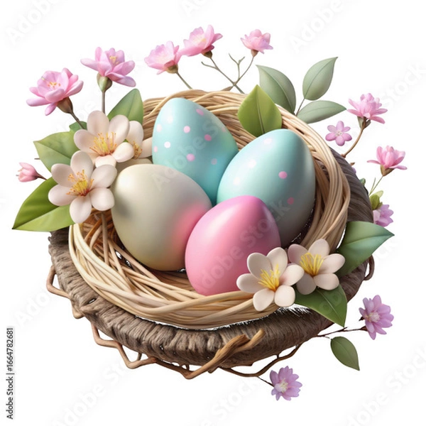 Obraz Easter Nest with Decorated Eggs and Flowers spring