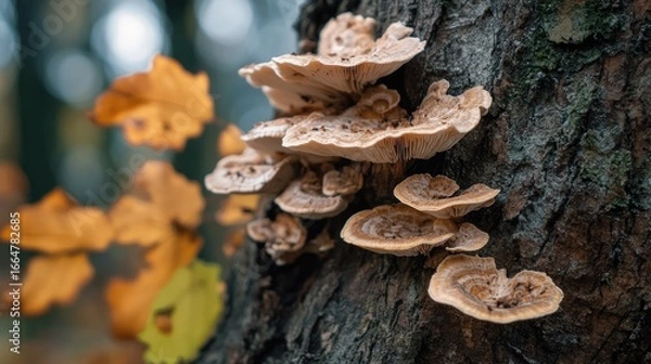 Fototapeta Wild fungi with earthy tones growing naturally on a tree surface, representing forest ecosystem and natural texture