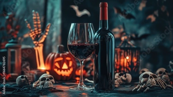 Fototapeta Wine bottle and glass styled for Halloween, surrounded by skeleton hands, bats, and haunted house decorations with dim lighting