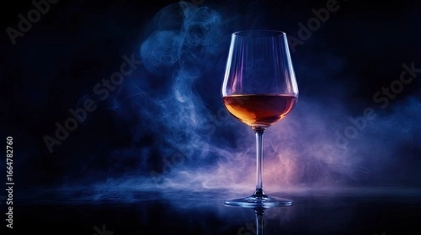 Fototapeta Wine glass standing on a reflective surface, with mystical smoke flowing out elegantly, creating a sense of mystery and luxury