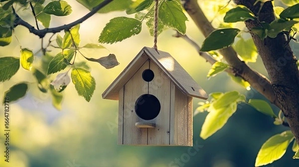 Fototapeta Wooden birdhouse with gabled roof, hanging from a rope on a tree, framed by fresh spring leaves, symbolizing simplicity, nature, and outdoor life